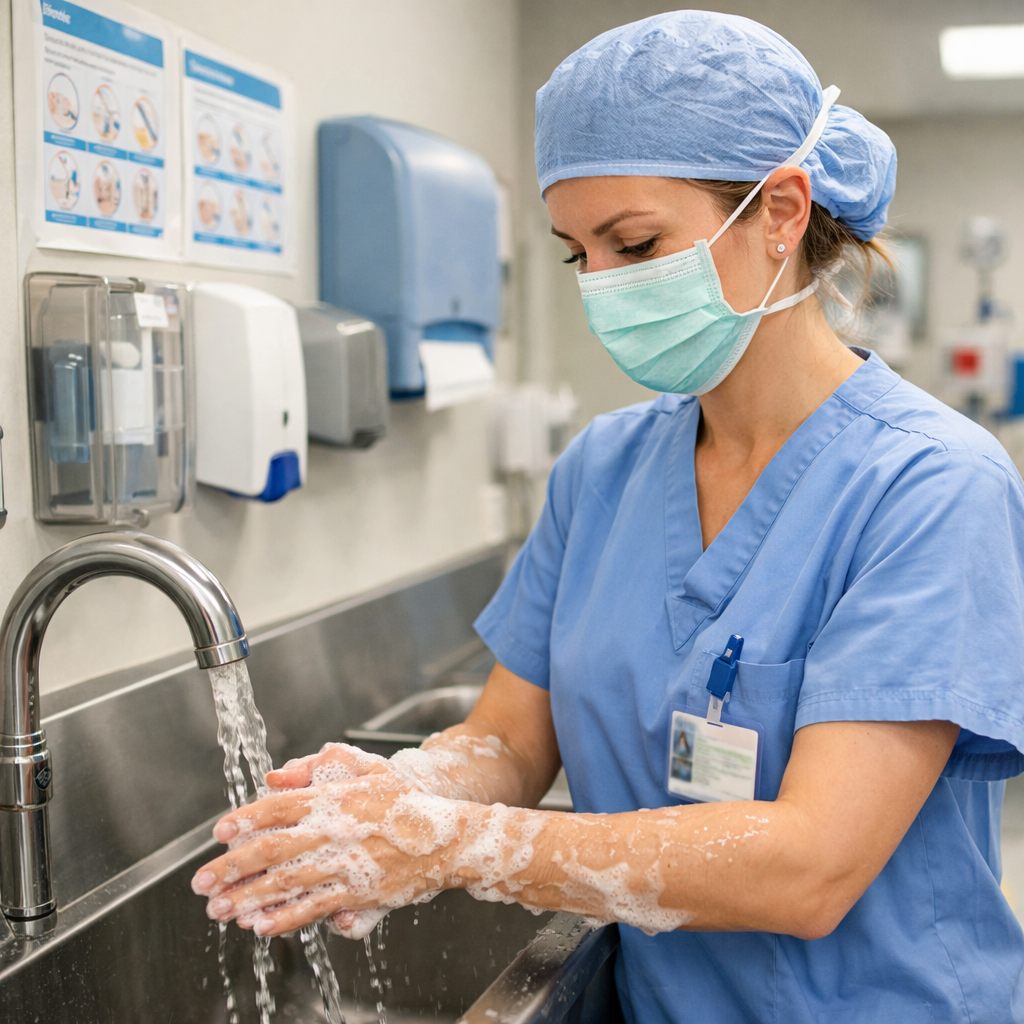 A person that is demonstrating infection control by washing their hands the setting needs to be medical setting with the person wearing hospital attir